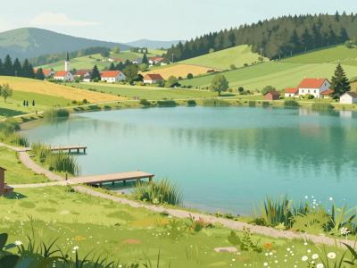 AI-generated illustration of the Tiefgraben bathing meadow on the Irrsee lakeshore