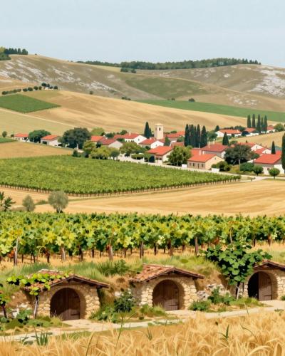 AI-generated illustration of the Carnuntum wine country with a traditional cellar lane