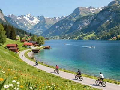 AI-generated illustration of cyclists on the lakeside path around Millstaetter See