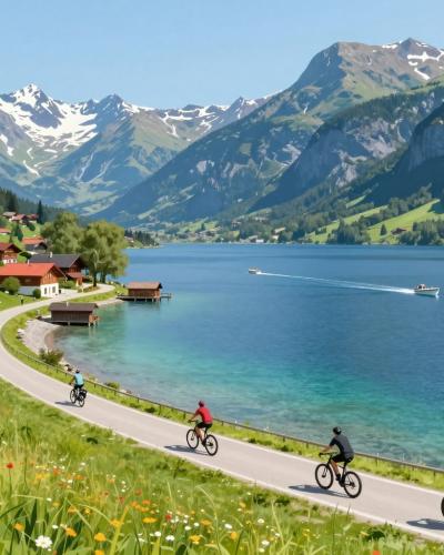 AI-generated illustration of cyclists on the lakeside path around Millstaetter See