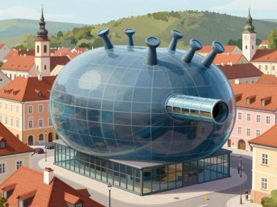 AI-generated illustration of the biomorphic Kunsthaus Graz among the red roofs of Graz