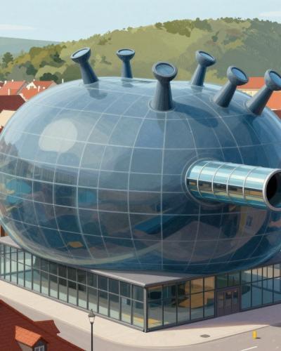 AI-generated illustration of the biomorphic Kunsthaus Graz among the red roofs of Graz