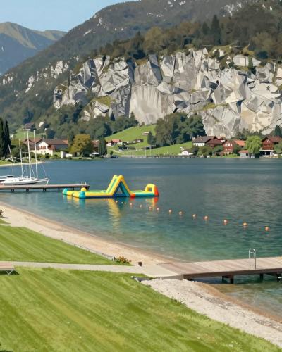AI-generated illustration of the lakeside lido at Mondsee with the Drachenwand cliffs behind