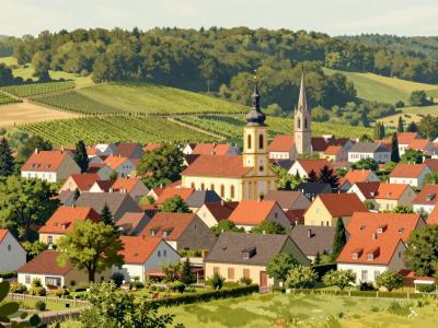 AI-generated illustration of the market town of Rechnitz below its forested ridge