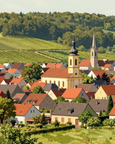 AI-generated illustration of the market town of Rechnitz below its forested ridge