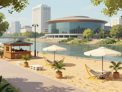 AI-generated illustration of the Sandburg urban beach bar on the Danube promenade in Linz