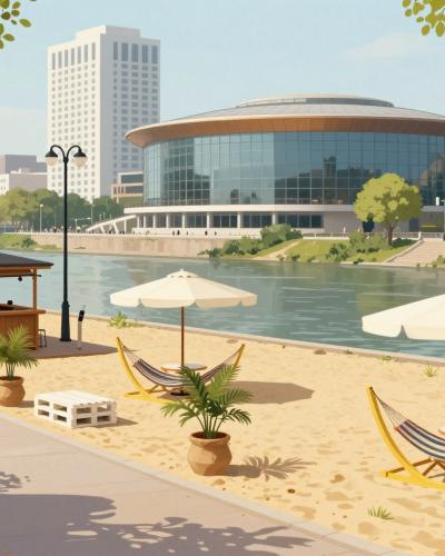 AI-generated illustration of the Sandburg urban beach bar on the Danube promenade in Linz