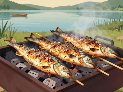 AI-generated illustration of Stanglfisch grilling on wooden sticks by a lakeshore