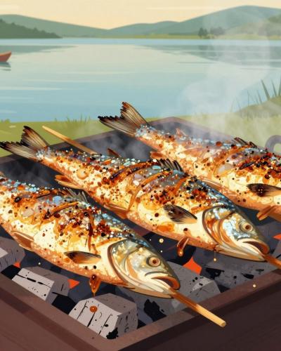 AI-generated illustration of Stanglfisch grilling on wooden sticks by a lakeshore