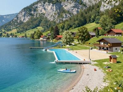 AI-generated illustration of the lakeside lido at Steinbach am Attersee