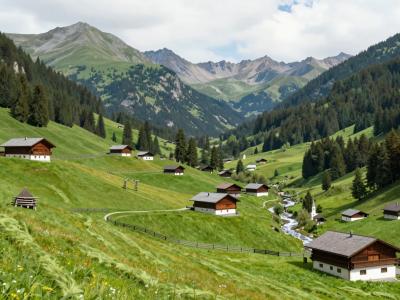 AI-generated illustration of the Villgraten Valley with traditional timber farmsteads