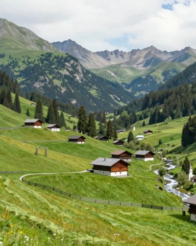 AI-generated illustration of the Villgraten Valley with traditional timber farmsteads