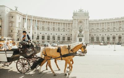 A horse-drawn carriage with two light-colored horses and a driver is moving across a paved plaza in front of a large, ornate classical building featuring a central triumphal arch and statues.