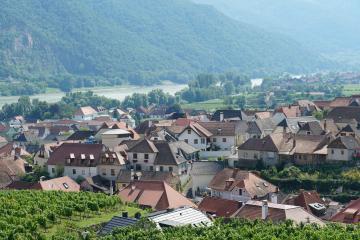 A high-angle view of a European-style town with red-tiled roofs, green vineyards in the foreground, and a river and forested mountains in the background; no visible text or signage.