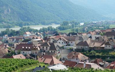 A high-angle view of a European-style town with red-tiled roofs, green vineyards in the foreground, and a river and forested mountains in the background; no visible text or signage.
