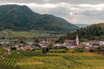 A landscape photograph showing a village with a prominent church tower nestled in a valley, surrounded by terraced vineyards on the slopes and a river in the background.