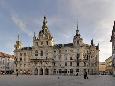 Graz Rathaus (Town Hall) on Hauptplatz in warm evening light, Styria, Austria