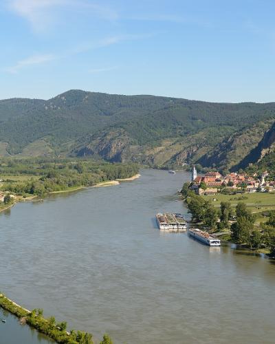 Duernstein with its blue church tower and hilltop castle ruin above the Danube, Wachau Valley