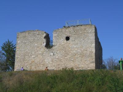 The image shows a stone ruin on a grassy hill, featuring a large, partially collapsed wall with a modern metal safety railing installed on the top edge, set against a clear blue sky.