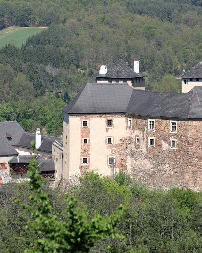 Burg Lockenhaus castle rising above the forested hills of central Burgenland