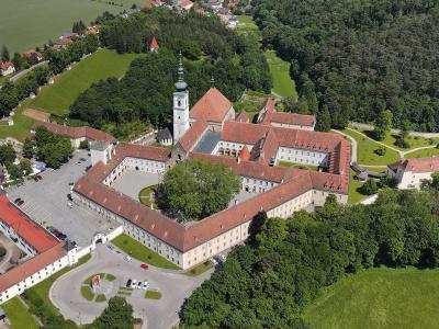 Aerial view of Heiligenkreuz Abbey, a Cistercian monastery in the Vienna Woods, Lower Austria