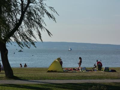 Bathers on the lakeside lawns at Podersdorf am See