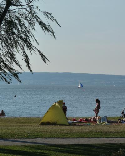 Bathers on the lakeside lawns at Podersdorf am See