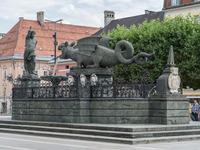 The Lindwurm dragon fountain with Hercules on Neuer Platz in Klagenfurt