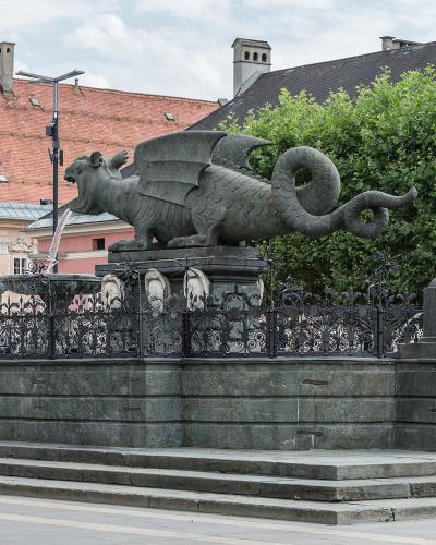 The Lindwurm dragon fountain with Hercules on Neuer Platz in Klagenfurt