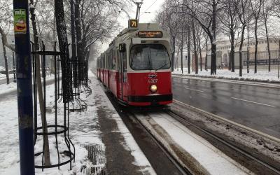 A red Vienna tram on the Ringstrasse