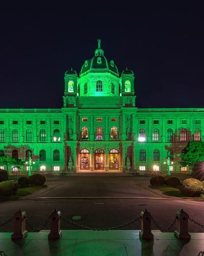 A grand, symmetrical historicist building with a central dome and flanking towers, illuminated in bright green light at night, viewed from across a paved plaza with bollards and chains in the foreground.