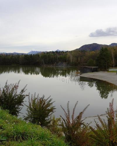 Gravel beach and calm water at Wernberger Badesee, one of Carinthia's many bathing lakes