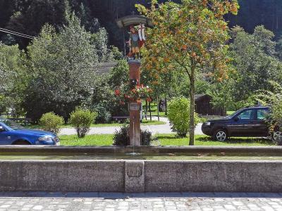 A stone fountain with a central wooden post featuring carved figures and flowers, situated in a paved area with parked cars and traditional alpine buildings in the background.