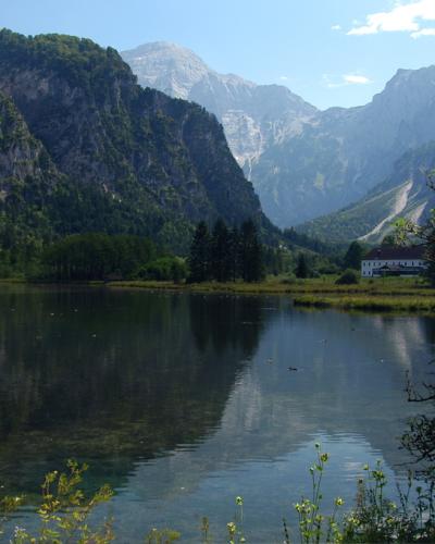 A scenic view of a calm alpine lake surrounded by steep, forested mountains and a white building on the far shore.