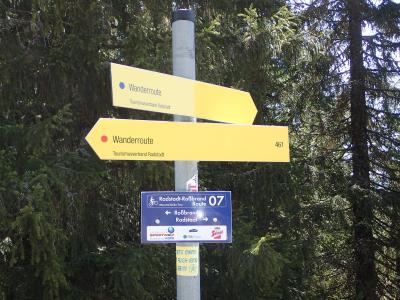 A metal signpost in a forest setting displaying yellow hiking route signs labeled "Wanderroute" with "Tourismusverband Radstadt" and a blue mountain bike route sign for "Radstadt-Roßbrand Route 07" pointing to "Roßbrand" and "Radstadt".