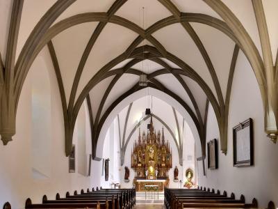 Gothic star-vaulted nave of Feldkirch Cathedral looking toward the altar