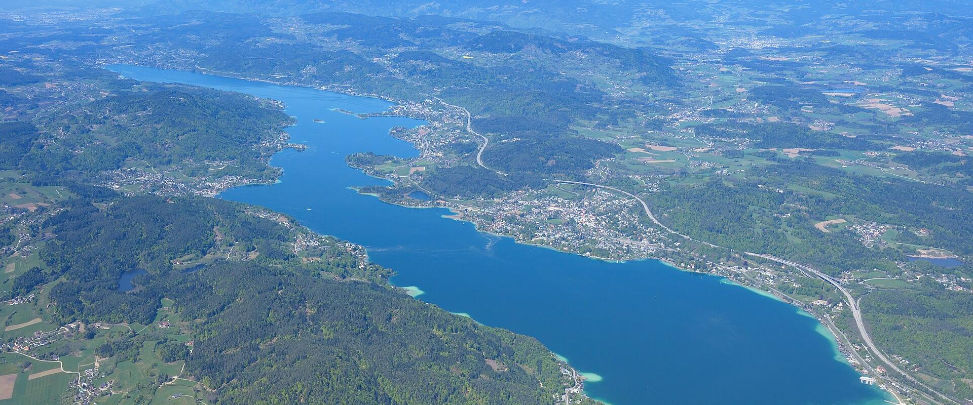 Aerial view of the Wörthersee and the surrounding Carinthian hills