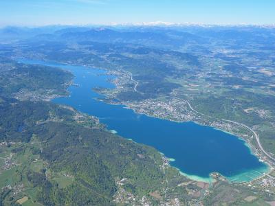Aerial view of the Wörthersee and the surrounding Carinthian hills