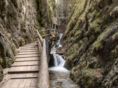 Wooden boardwalk and cascades in the Dr.-Vogelgesang-Klamm gorge, Spital am Pyhrn