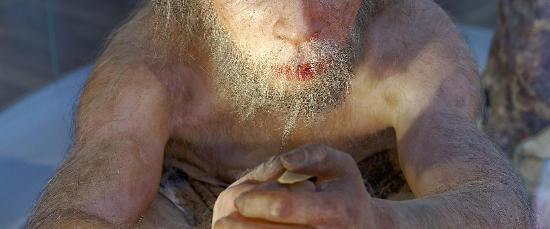 A hyper-realistic wax or sculpted model of a Neanderthal (Homo neanderthalensis) seated with hands clasped, displayed indoors behind glass, with another similar figure partially visible in the background.