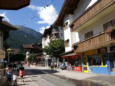 Chalet-style hotels and shops along Mayrhofen's main street