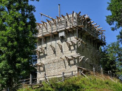 A stone tower under construction with extensive wooden scaffolding and support beams, situated on a grassy hill surrounded by trees.