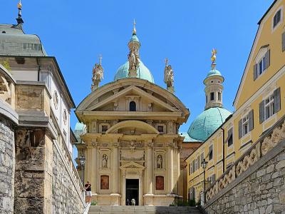 Mausoleum of Emperor Ferdinand II in Graz with turquoise domes above the entrance stairway