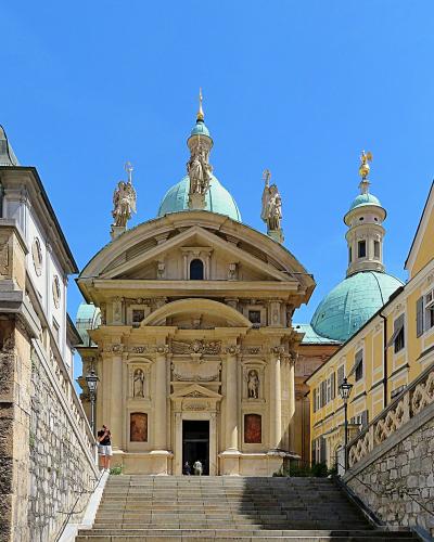 Mausoleum of Emperor Ferdinand II in Graz with turquoise domes above the entrance stairway