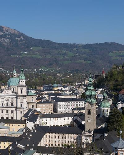 Salzburg old town with cathedral domes and Hohensalzburg Fortress, Austria