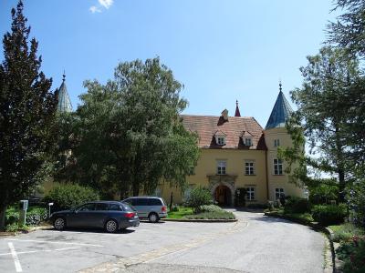 A yellow Renaissance-style castle with two conical-roofed towers and a central arched entrance, viewed from a paved driveway with parked cars under a blue sky.