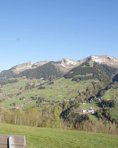 A scenic view of a green alpine valley with scattered houses and a church, looking towards snow-dusted mountain peaks under a clear blue sky, with a wooden bench in the foreground.