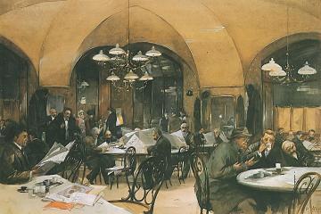 A painting depicting the interior of a bustling Viennese coffeehouse with patrons seated at round tables reading newspapers, wearing late 19th-century attire, under arched ceilings and ornate chandeliers; signed “R. Alt” in the lower right corner.