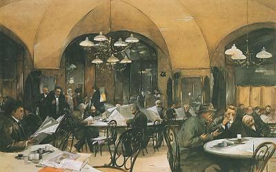 A painting depicting the interior of a bustling Viennese coffeehouse with patrons seated at round tables reading newspapers, wearing late 19th-century attire, under arched ceilings and ornate chandeliers; signed “R. Alt” in the lower right corner.
