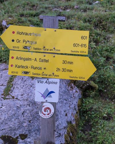 A wooden hiking trail signpost with yellow directional arrows pointing to destinations like "Rohrauerhaus," "Gr. Pyhrgas," "Arlingalm," and "Karleck-Runde," along with a "Via Alpina" sign, set against a grassy, rocky alpine slope.